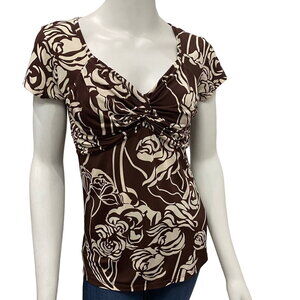 R MARKS New York Brown and Cream V Neck Short Sleeve Top Size M